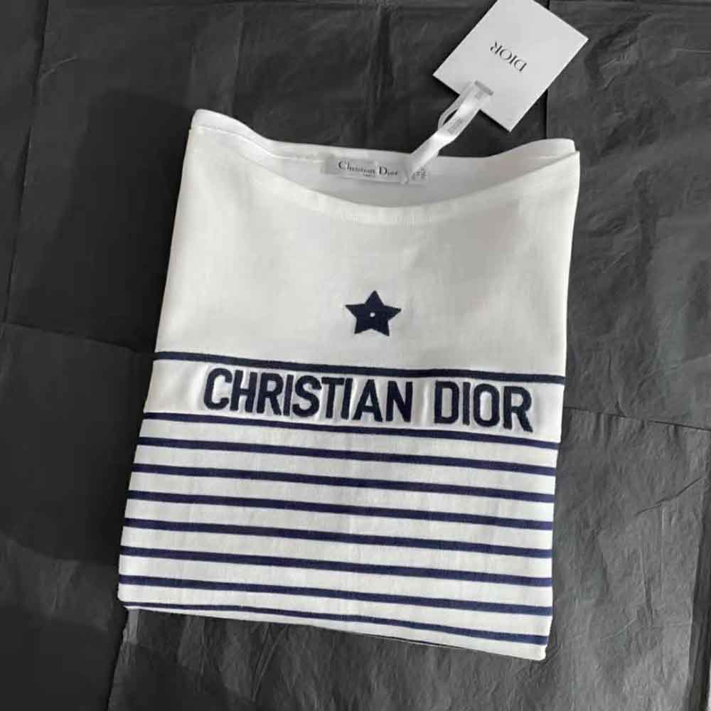 Dior - T-Shirt White and Navy Blue Cotton Jersey - Size L - Women