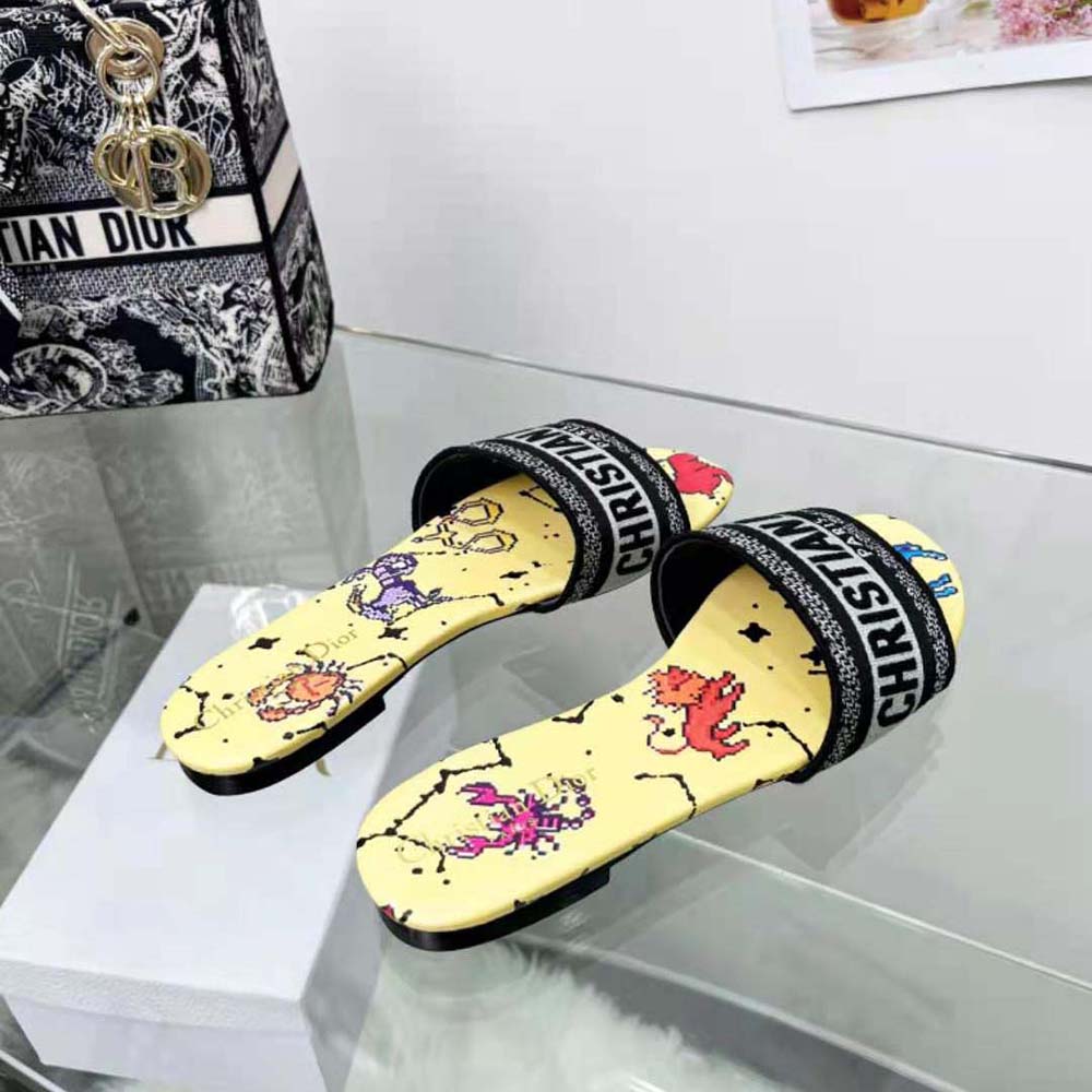 Dior Women Dway Slide Embroidered Cotton and Yellow Multicolor Dior Pixel  Zodiac Motif