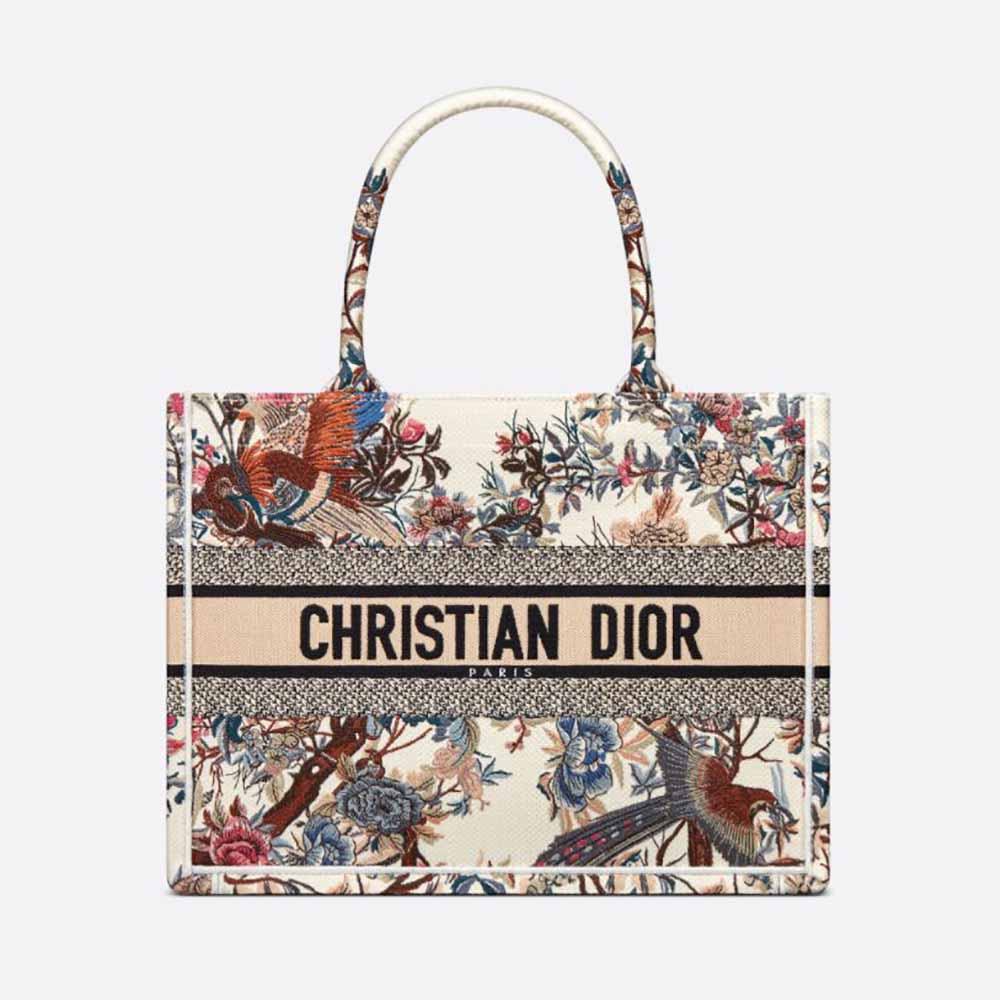Authenticated Used Christian Dior Dior DIOR Book Tote Medium  Blue/Red/Green/Multicolor Jacquard Woven Embroidered Botanical Style  CHRISTIAN 
