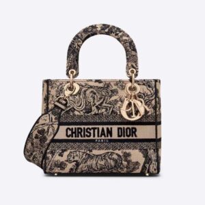 Dior Women Medium Lady D-lite Bag Brown Toile de Jouy Embroidery