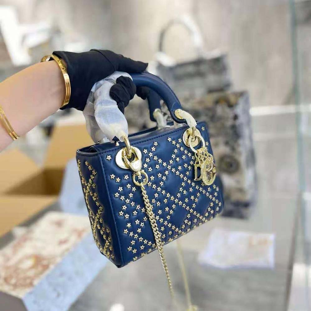 Mini Lady Dior Blue Cannage Satin w/ Rhinestones Handbag at 1stDibs