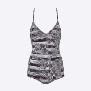 Dior Women One-Piece Swimsuit Navy Blue Toile de Jouy Stripes Technical Fabric