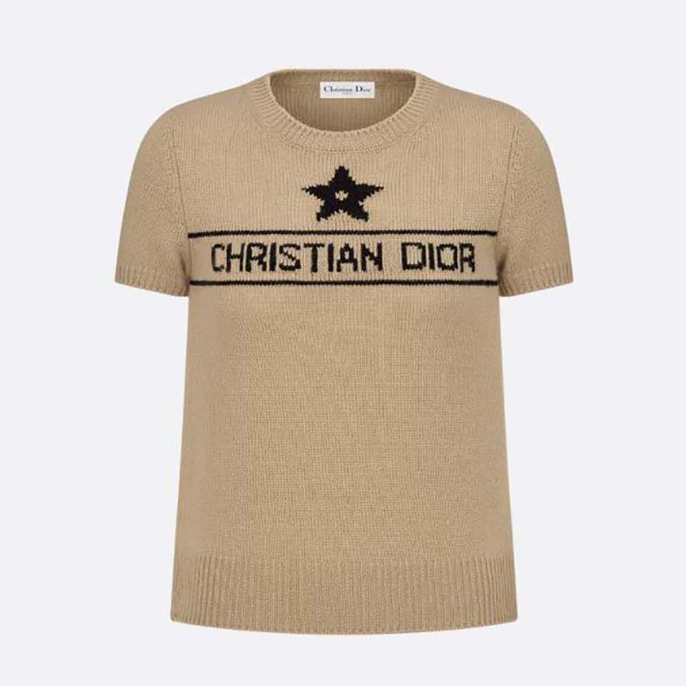 Dior Women Short-Sleeved Sweater Beige Cashmere with Signature