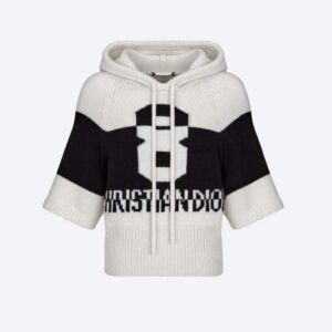 Dior Women Three-Quarter Sleeve Hooded Sweater Black and White Wool and Cashmere Knit