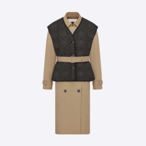 Dior Women Trench Coat with Removable Macrocannage Vest Beige Cotton Gabardine and Black Quilted Technical Taffeta