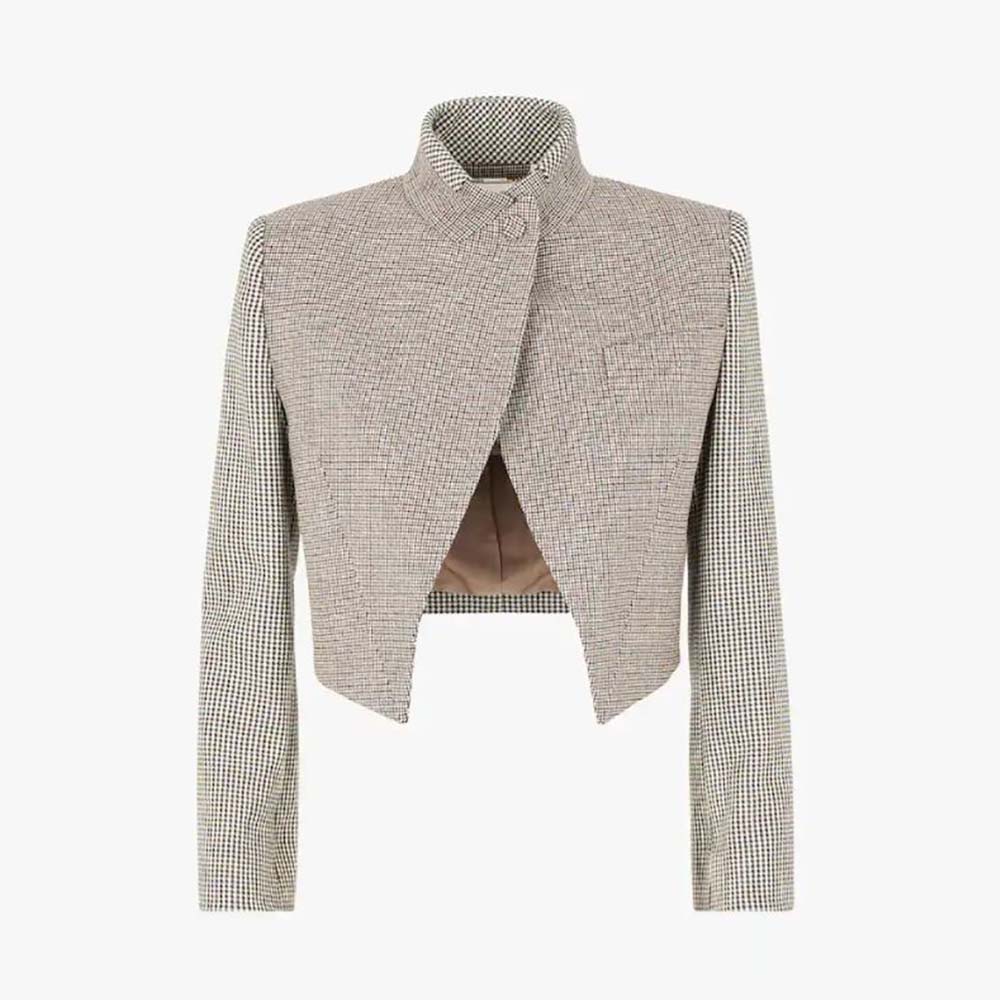 Fendi Women Beige Houndstooth Wool Jacket