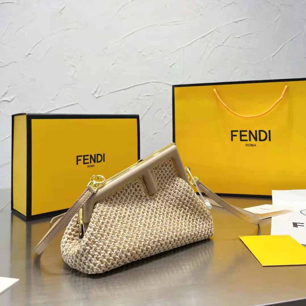 Fendi Neutral First Small Macramé Raffia Clutch Bag in Natural