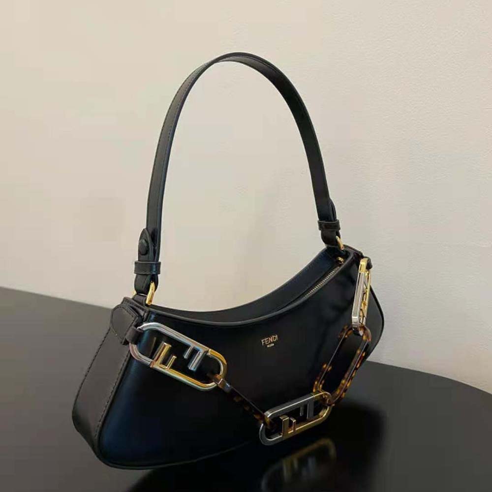 FENDI O’Lock Swing Pouch Shoulder Handbag Black Calfskin Leather 8BS068