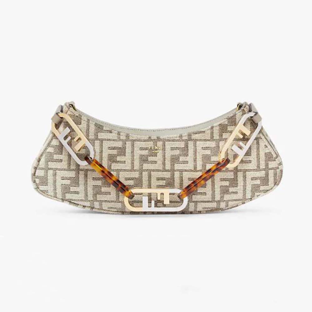 Fendi Women O'Lock Swing Dove Gray Tapestry Fabric Pouch