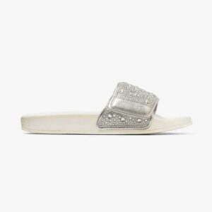 Jimmy Choo Women Fitz/F Ivory Satin and Metallic Nappa Slides with Crystal Embellishment