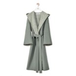 Loewe Women Anagram Jacquard Hooded Coat in Wool-Lime