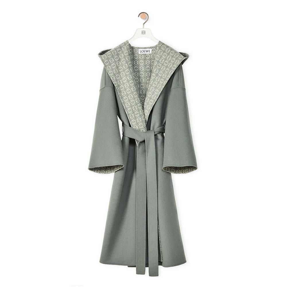 Loewe Women Anagram Jacquard Hooded Coat in Wool-Lime