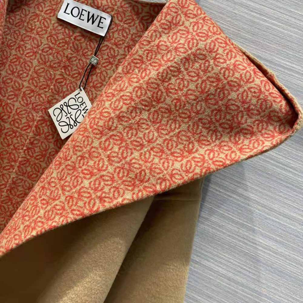 Loewe Women Anagram Jacquard Hooded Coat in Wool-Orange