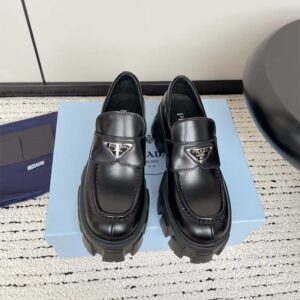 Prada Unisex Brushed Leather Monolith Loafers-Black