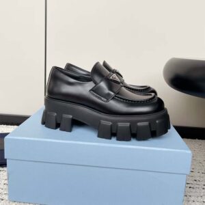Prada Unisex Brushed Leather Monolith Loafers-Black