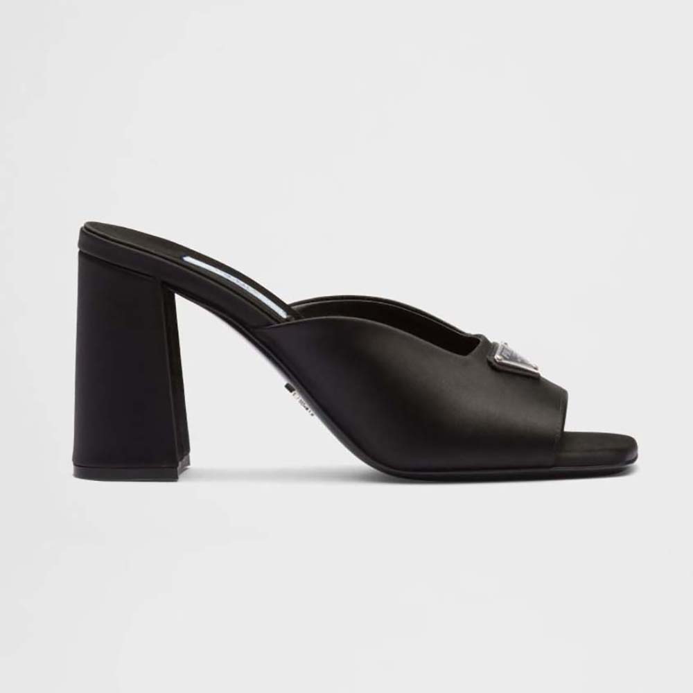 Prada Women High-heeled Satin Slides with Crystals-Auqa