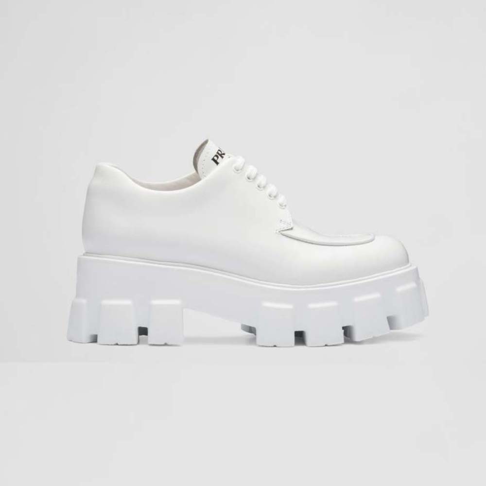 Prada Women Monolith Brushed Leather Lace-up Shoes-White