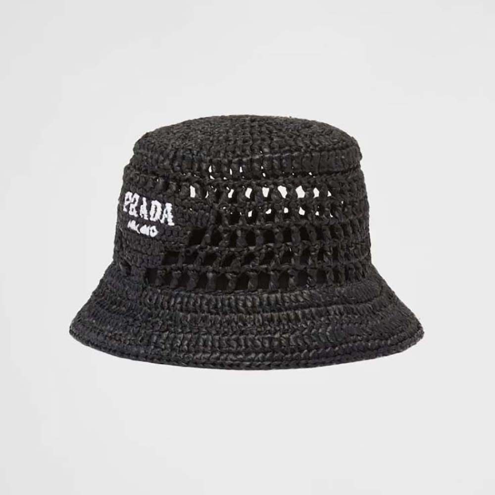 Prada Women Raffia Bucket Hat-Black