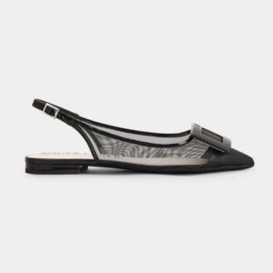 Roger Vivier Women Gommettine Net Lacquered Buckle Slingback Ballerinas in Fabric-Black