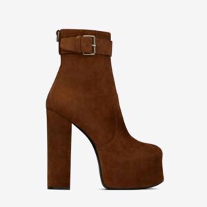 Saint Laurent YSL Women Cherry Buckle Platform Booties in Suede-Brown