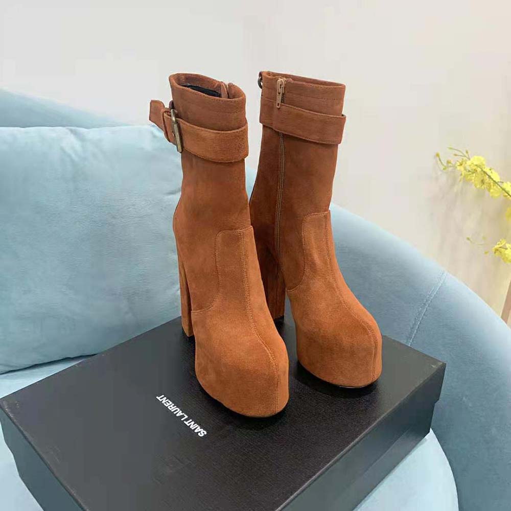 Saint Laurent YSL Women Cherry Buckle Platform Booties in Suede-Brown 2 Saint Laurent YSL Women Cherry Buckle Platform Booties in Suede-Brown - Image 2