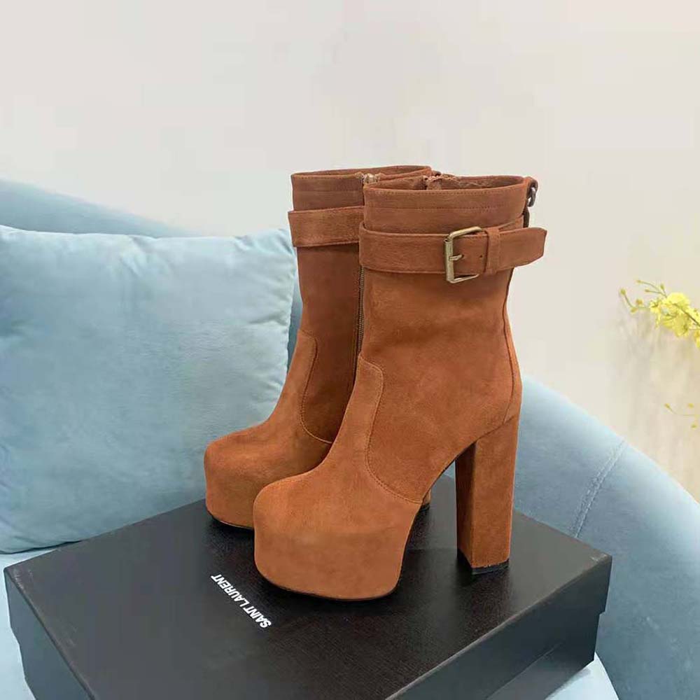 Saint Laurent YSL Women Cherry Buckle Platform Booties in Suede-Brown 5 Saint Laurent YSL Women Cherry Buckle Platform Booties in Suede-Brown - Image 5
