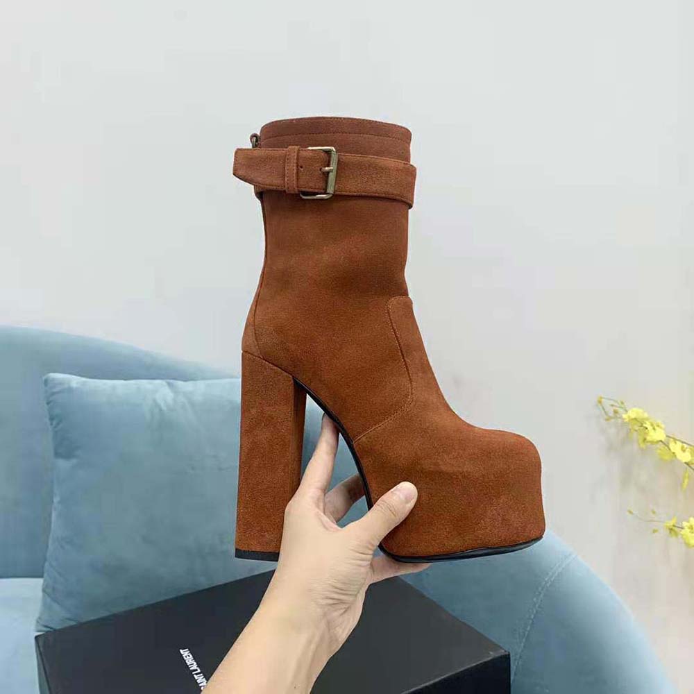 Saint Laurent YSL Women Cherry Buckle Platform Booties in Suede-Brown 6 Saint Laurent YSL Women Cherry Buckle Platform Booties in Suede-Brown - Image 6