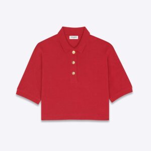 Saint Laurent YSL Women Cropped Polo Shirt in Cotton Piqué-Red