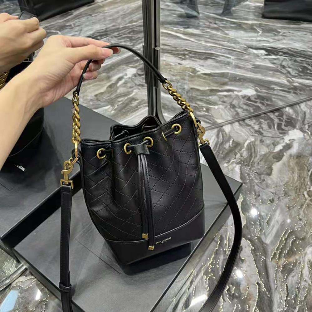 Black Quilted Leather Small Drawstring Bucket Bag