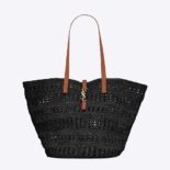 Saint Laurent YSL Women Panier Medium Bag in Crochet Raffia and Smooth Leather-Black