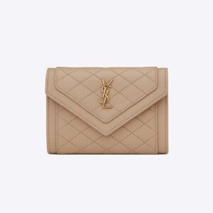 Saint Laurent YSL Women Vlogo Signature Grainy Calfskin Cardholder wth Zipper-Sandy