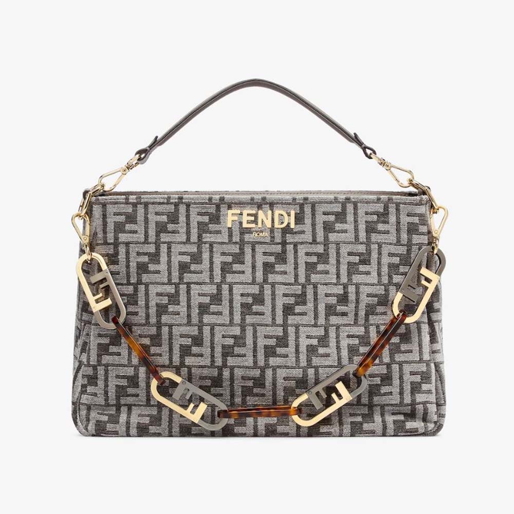 Fendi Women O'Lock Zip Dark Grey Tapestry Fabric Bag