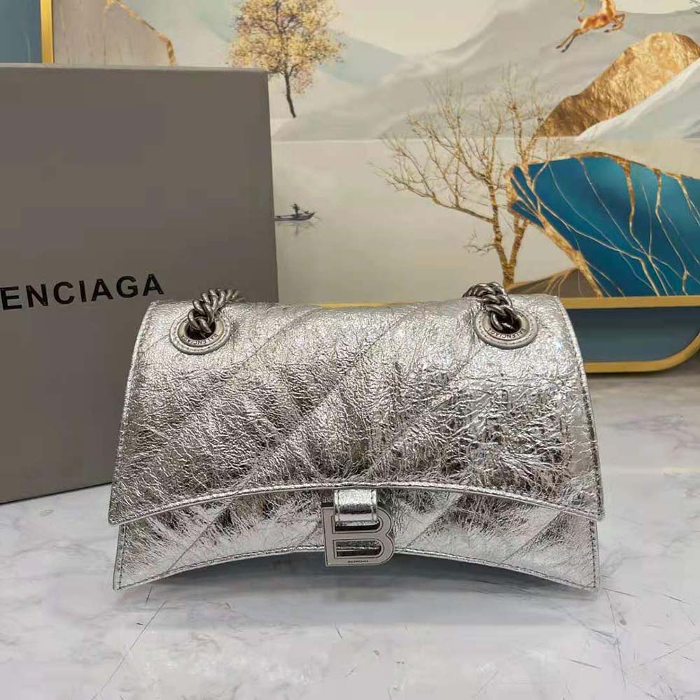 Balenciaga Women Crush Small Chain Bag Metallized Quilted in Silver