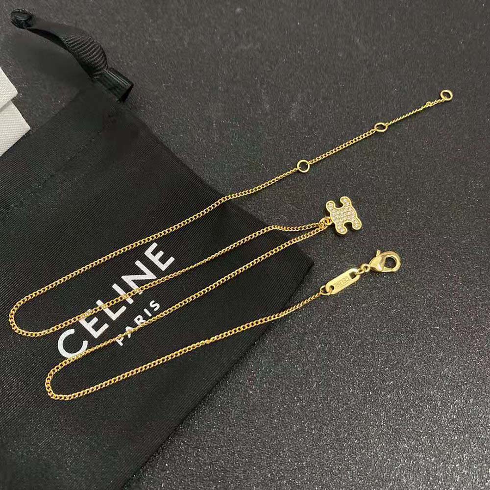 Celine Women Triomphe Rhinestone Necklace in Brass with Gold
