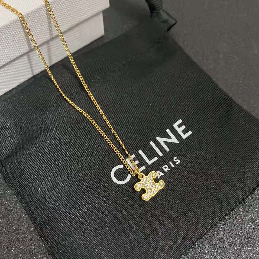 Celine Women Triomphe Rhinestone Necklace in Brass with Gold Finish and  Crystals