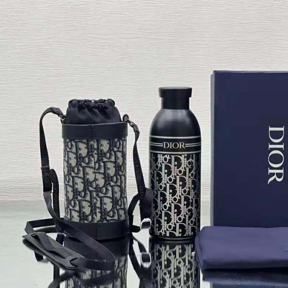Dior - Dior Aqua Bottle with Shoulder Strap Black Grained Calfskin and Dior Oblique Stainless Steel - Men