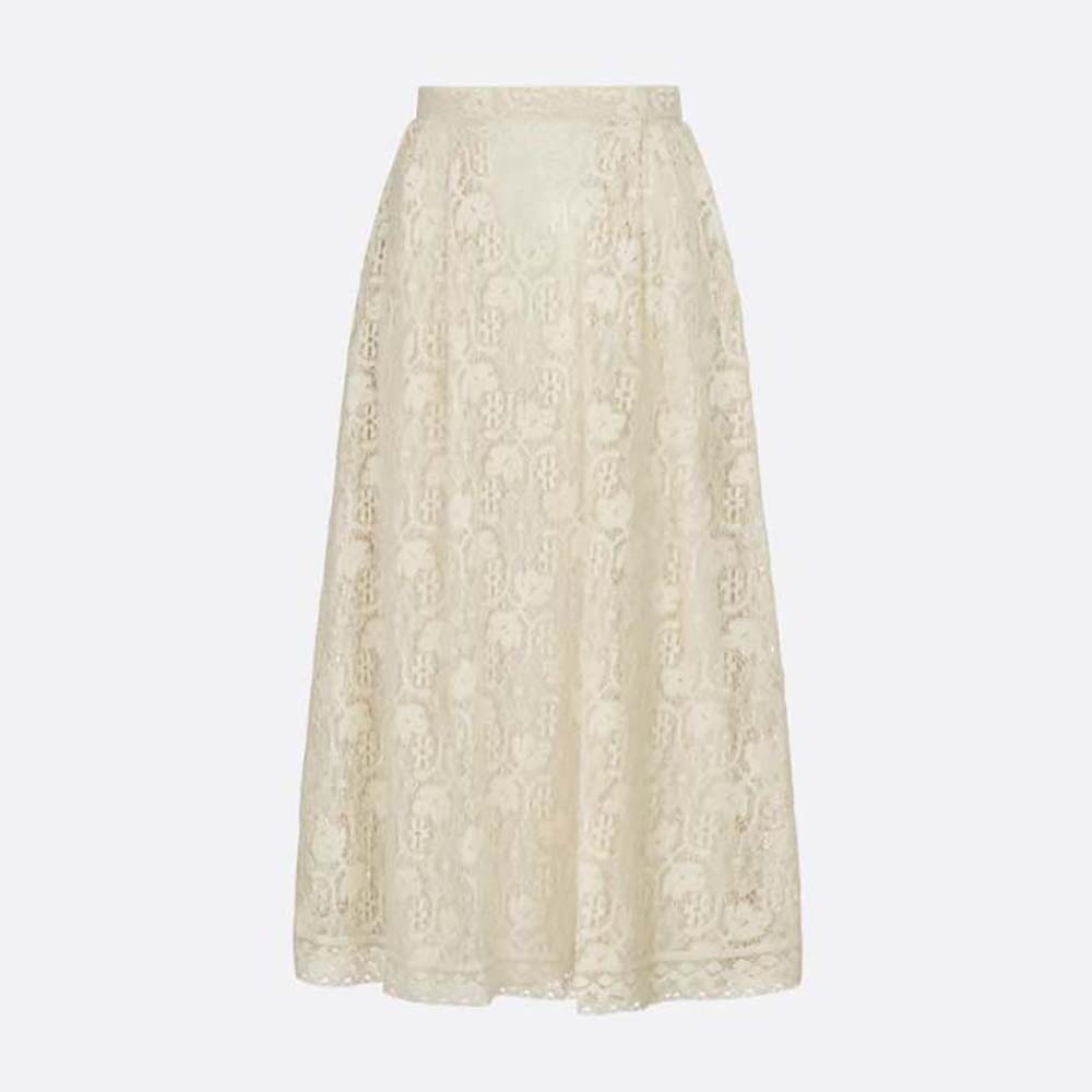 Dior Women Flared Mid-Length Skirt Ecru Cotton-Blend Lace