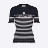 Dior Women Short-Sleeved Sweater Navy Blue and White Cotton Ribbed Knit with Signature