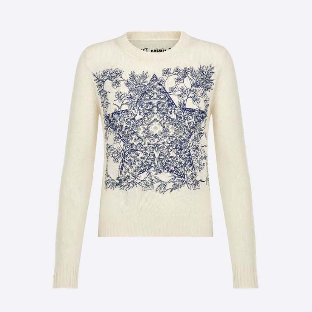 Dior Women Sweater Ecru Cashmere Knit with Blue Dior Sevilla Star Motif