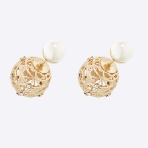 Dior Women Tribales Earrings Gold-Finish Metal with White Resin Pearls and Silver-Tone Crystals