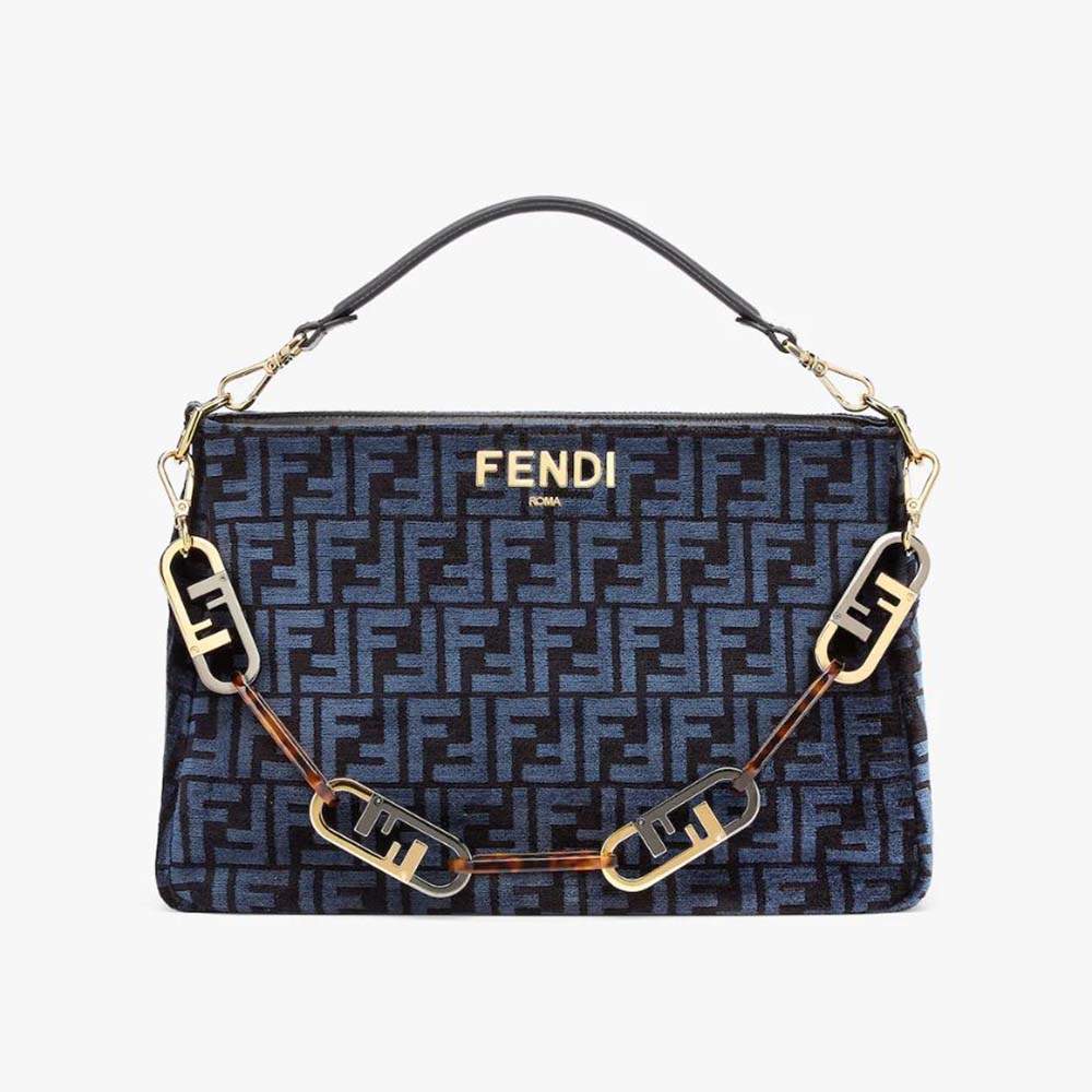 Fendi Women Fendi O’Lock Zipper Dark Blue Tapestry Fabric Bag