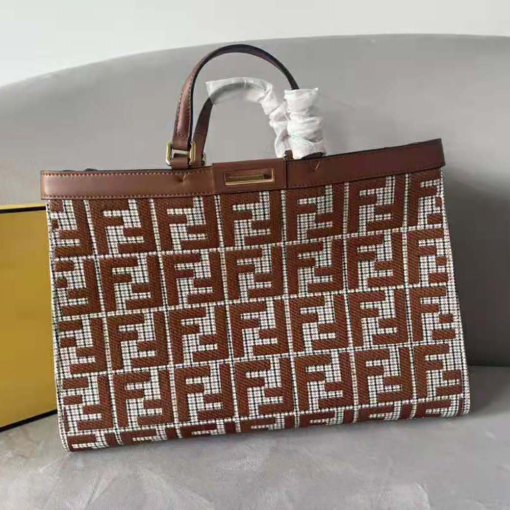 X-Tote - Brown houndstooth wool shopper with FF embroidery