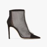 Jimmy Choo Women Bing Boot 100 Black Suede and Mesh Ankle Boots with Crystal Embellishment