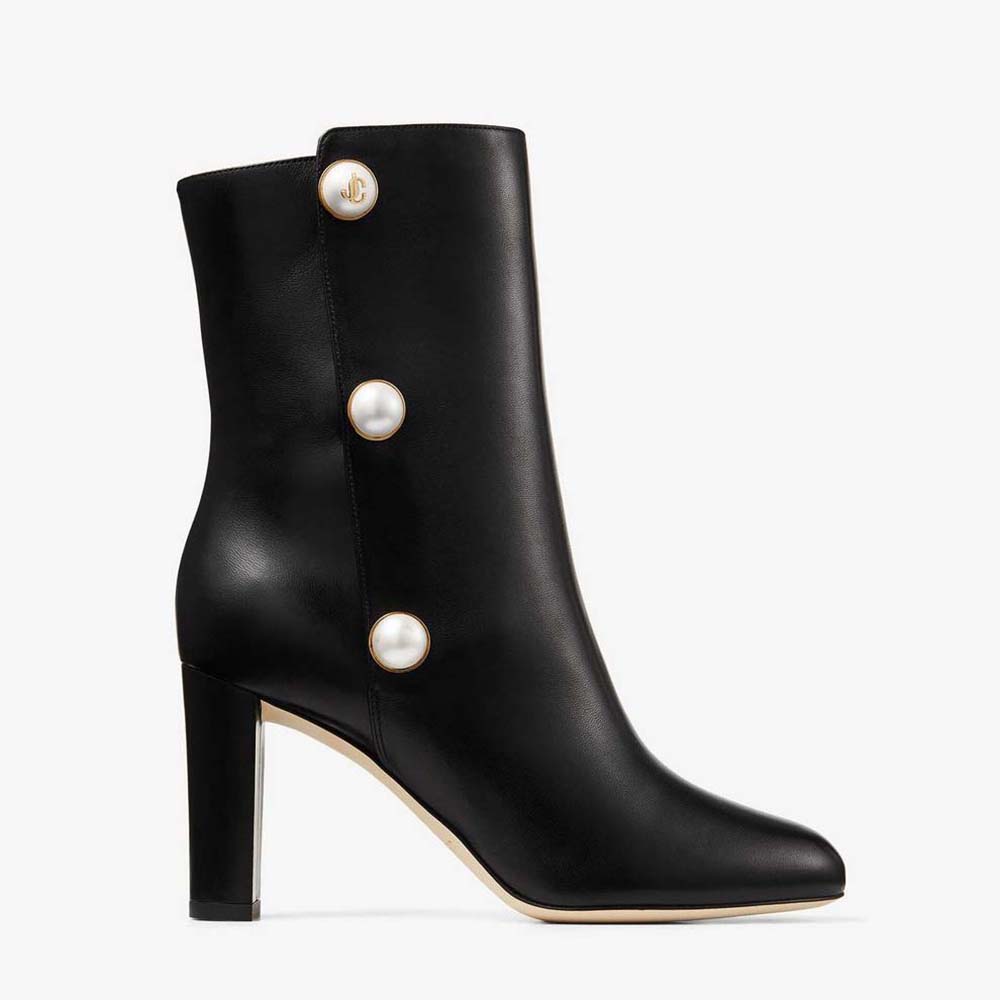 Jimmy Choo Women Black Nappa Leather MidCalf Boots with Pearls
