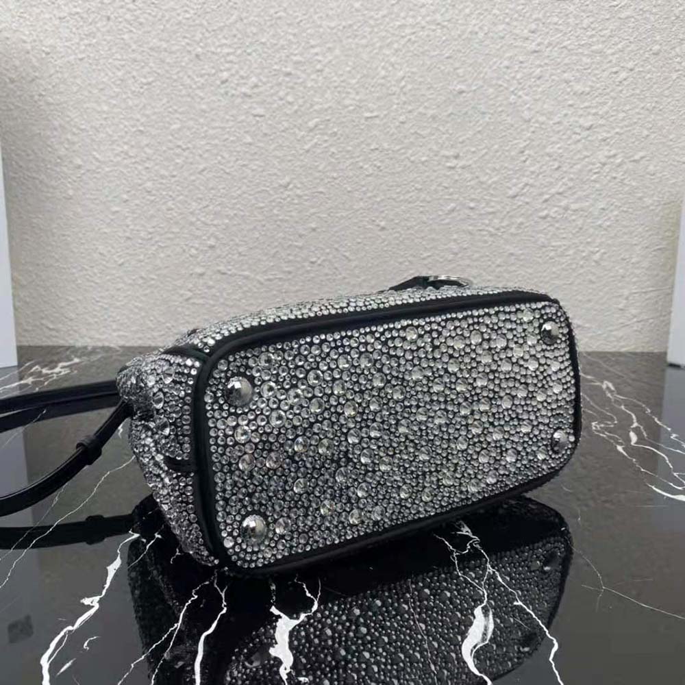 Prada Galleria Satin Mini-Bag with Crystals 1BA906, Silver, One Size