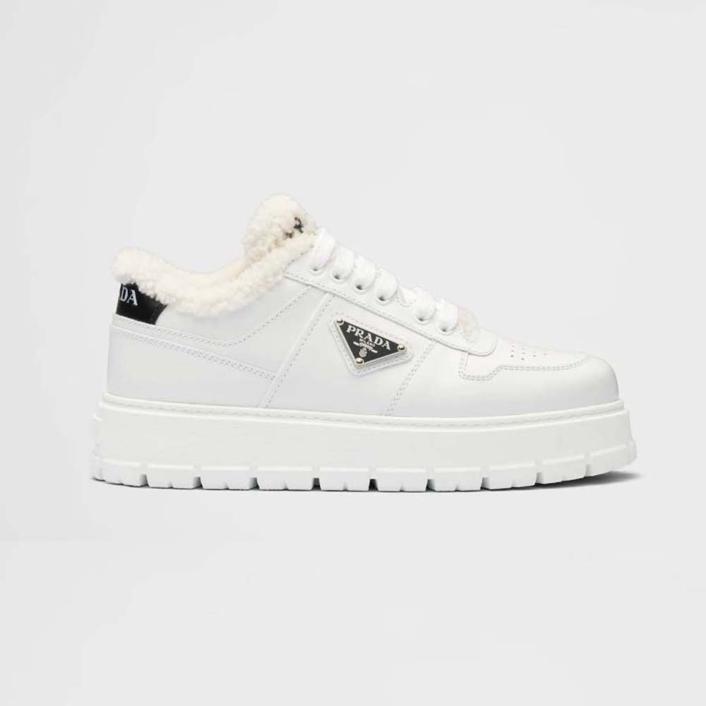 Prada Women Leather and Shearling SneakersWhite