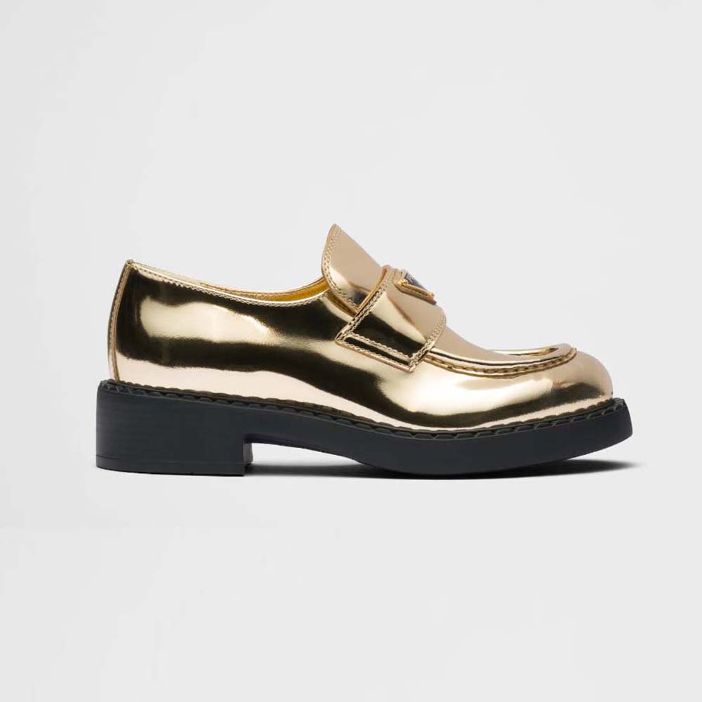 Prada Women Metallic Leather Loafers-Gold