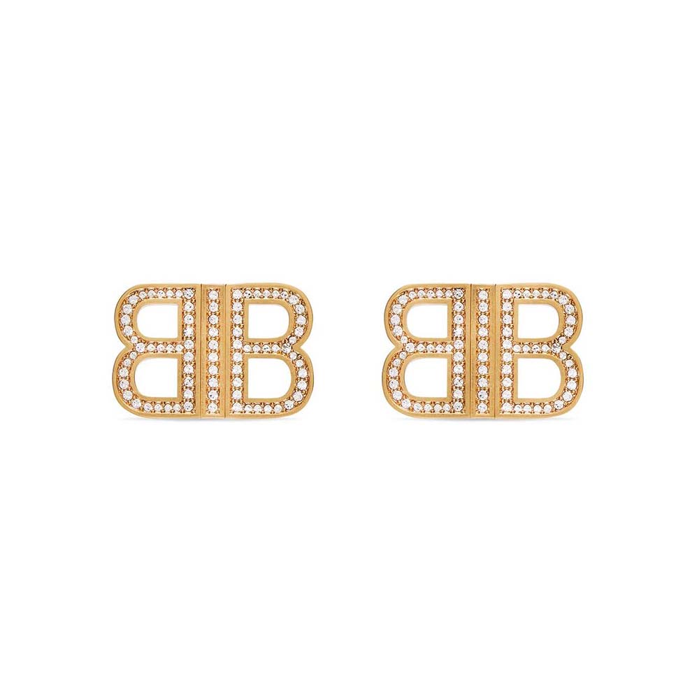 Balenciaga Women BB 2.0 XS Earrings in Gold Brass and Rhinestones