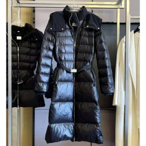 contrast hood nylon mid length puffer coat