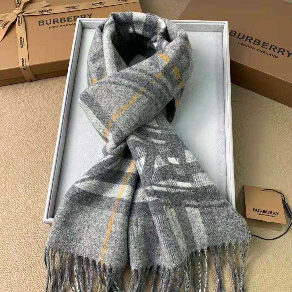 Burberry Women Montage Print Check Cashmere Scarf Silver